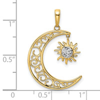 14k and White Rhodium Diamond-cut Moon and Dangle Sun Pendant-M2921