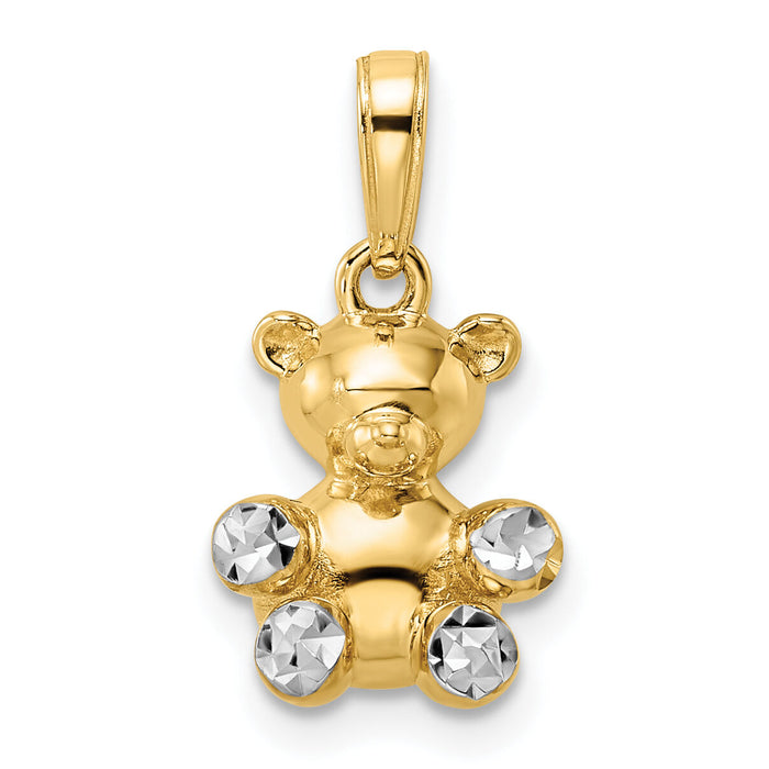 14k w/ White Rhodium 3D Diamond-cut Teddy Bear Pendant-M2924