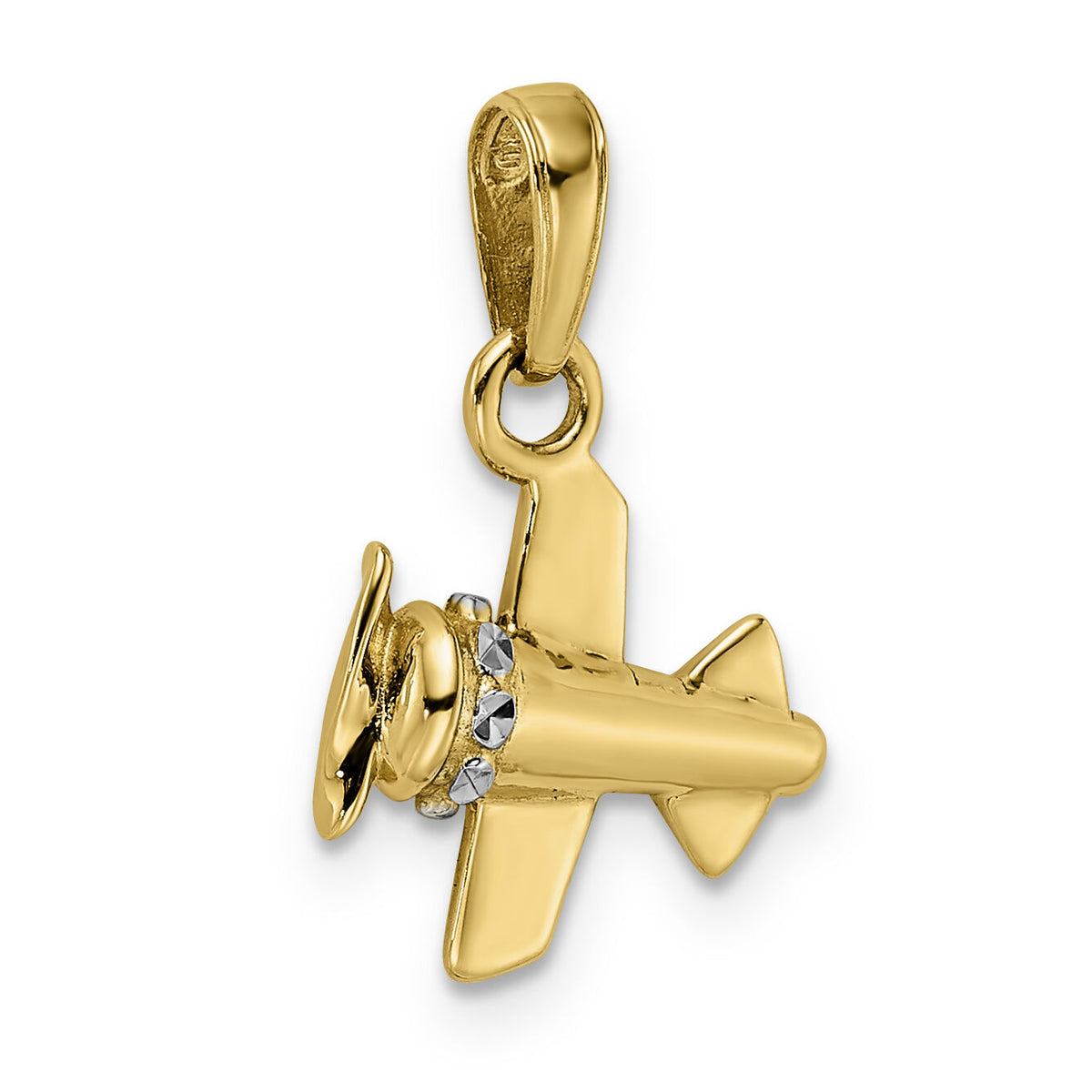 14k w/ White Rhodium 3D Diamond-cut Airplane Pendant-M2928