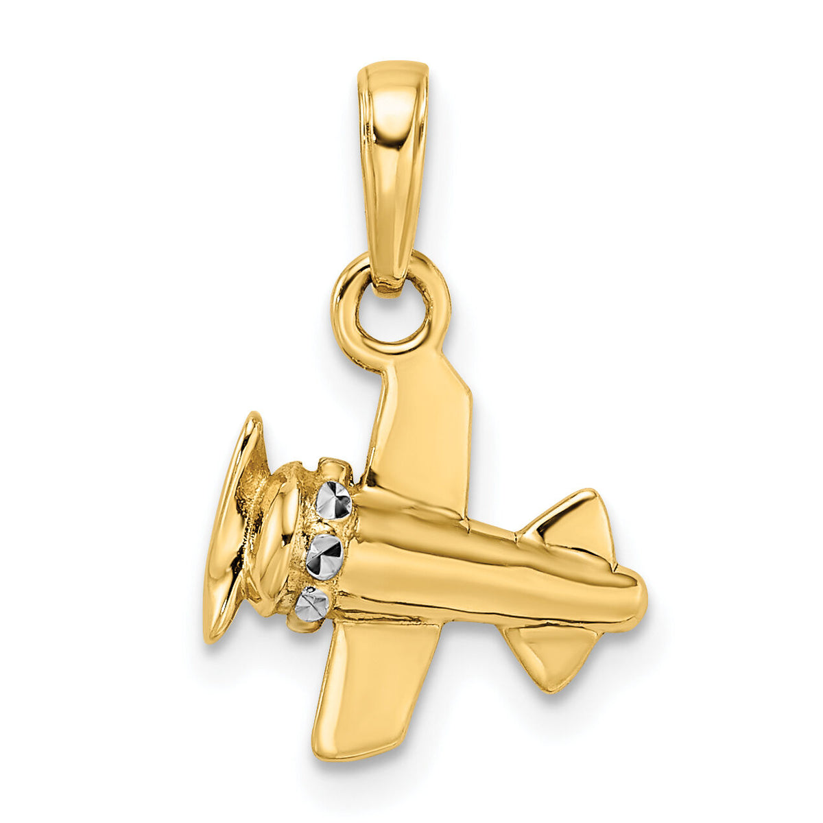 14k w/ White Rhodium 3D Diamond-cut Airplane Pendant-M2928