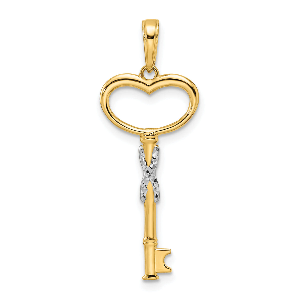 14k and White Rhodium Diamiond-cut Heart Key Pendant-M2931