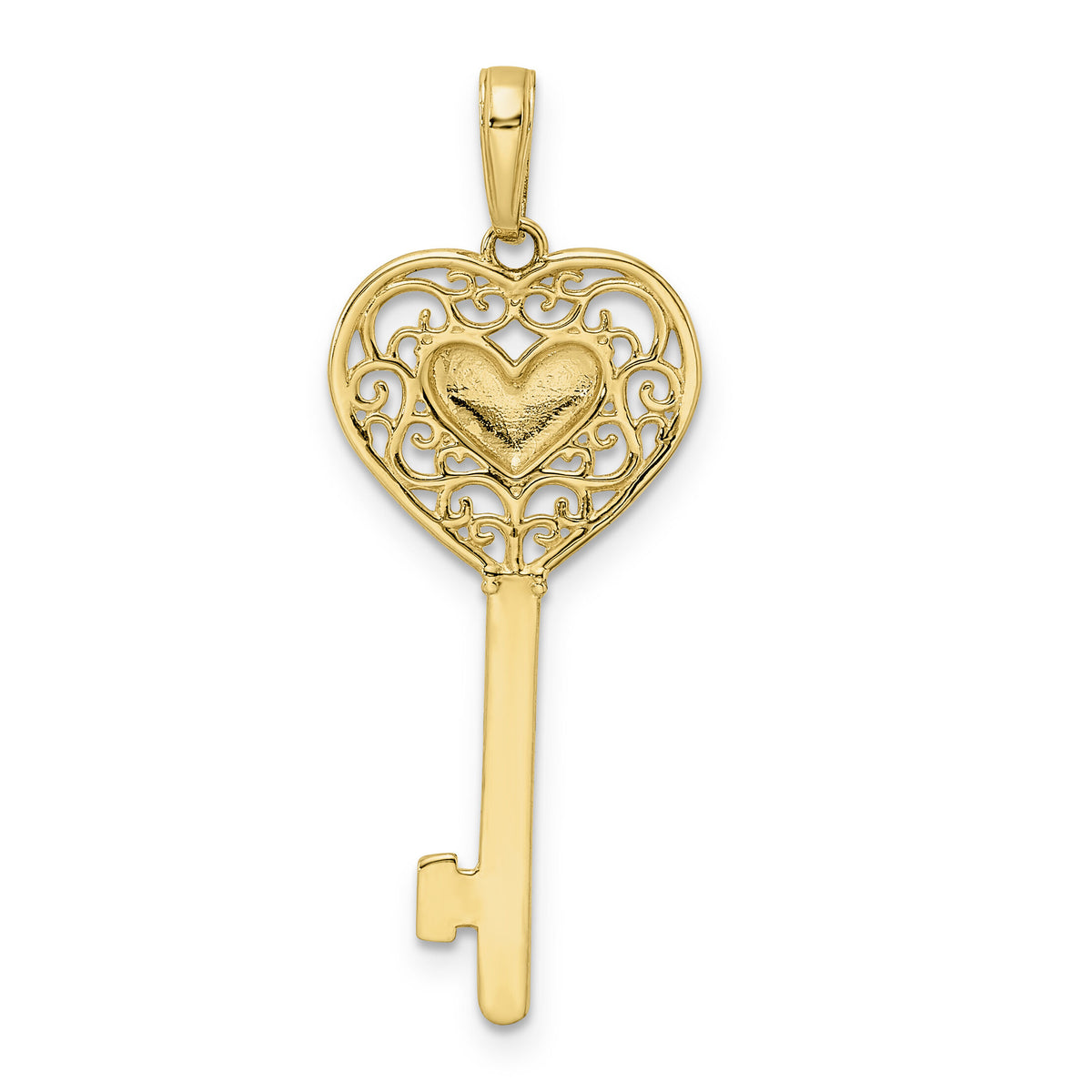 14k and White Rhodium Diamond-cut Heart Filigree Key Pendant-M2932