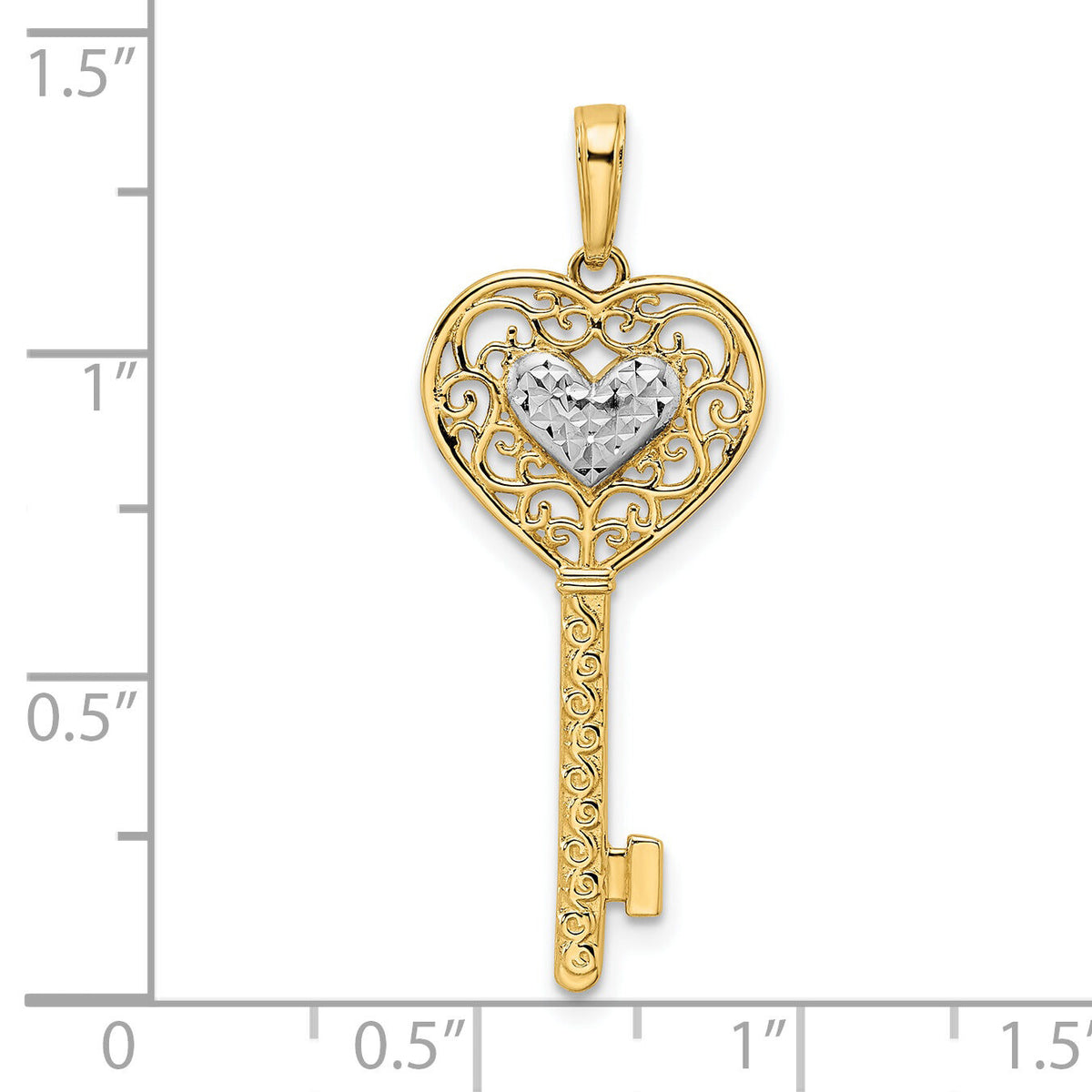 14k and White Rhodium Diamond-cut Heart Filigree Key Pendant-M2932