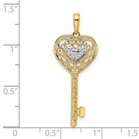 14k and White Rhodium Diamond-cut Heart Filigree Key Pendant-M2932