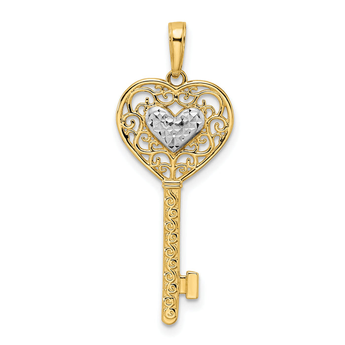 14k and White Rhodium Diamond-cut Heart Filigree Key Pendant-M2932