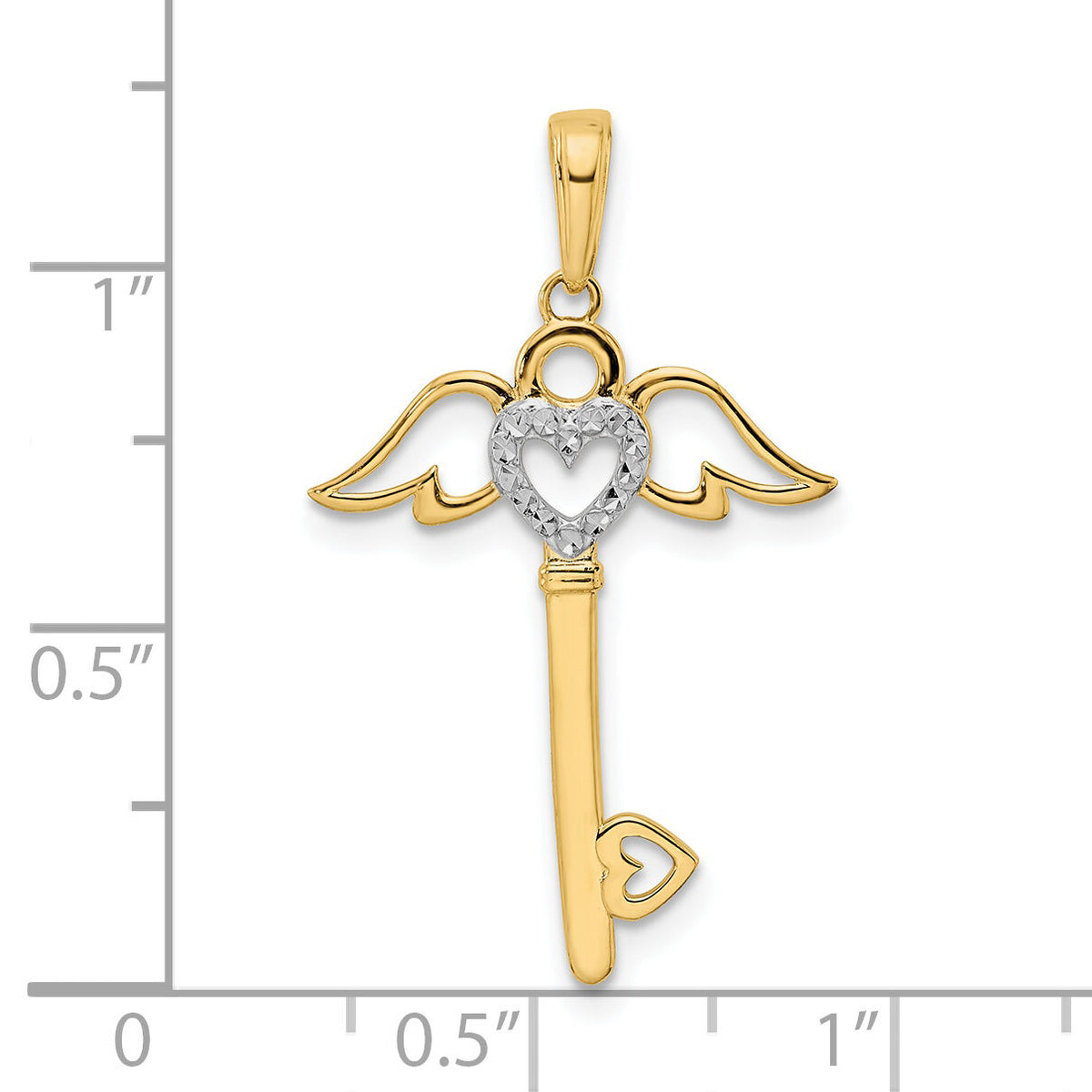 14k and White Rhodium D/C Heart/ Angel Wings Key Pendant-M2933