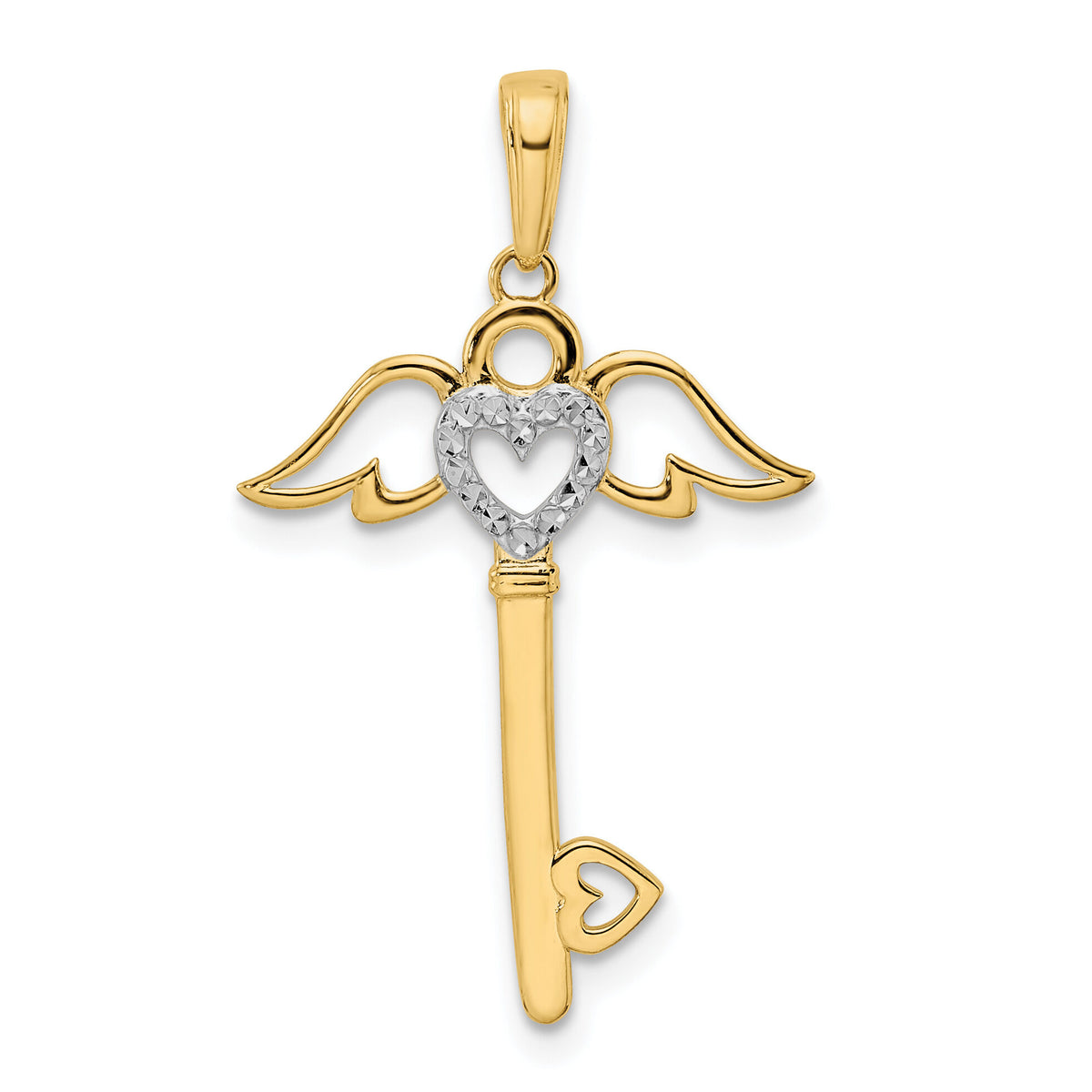14k and White Rhodium D/C Heart/ Angel Wings Key Pendant-M2933