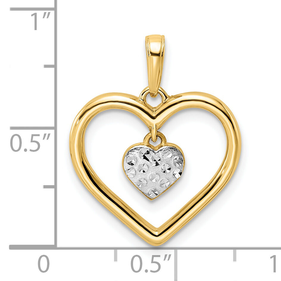 14k and White Rhodium Diamond-cut Heart w/Dangle Heart Pendant-M2937