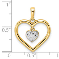 14k and White Rhodium Diamond-cut Heart w/Dangle Heart Pendant-M2937