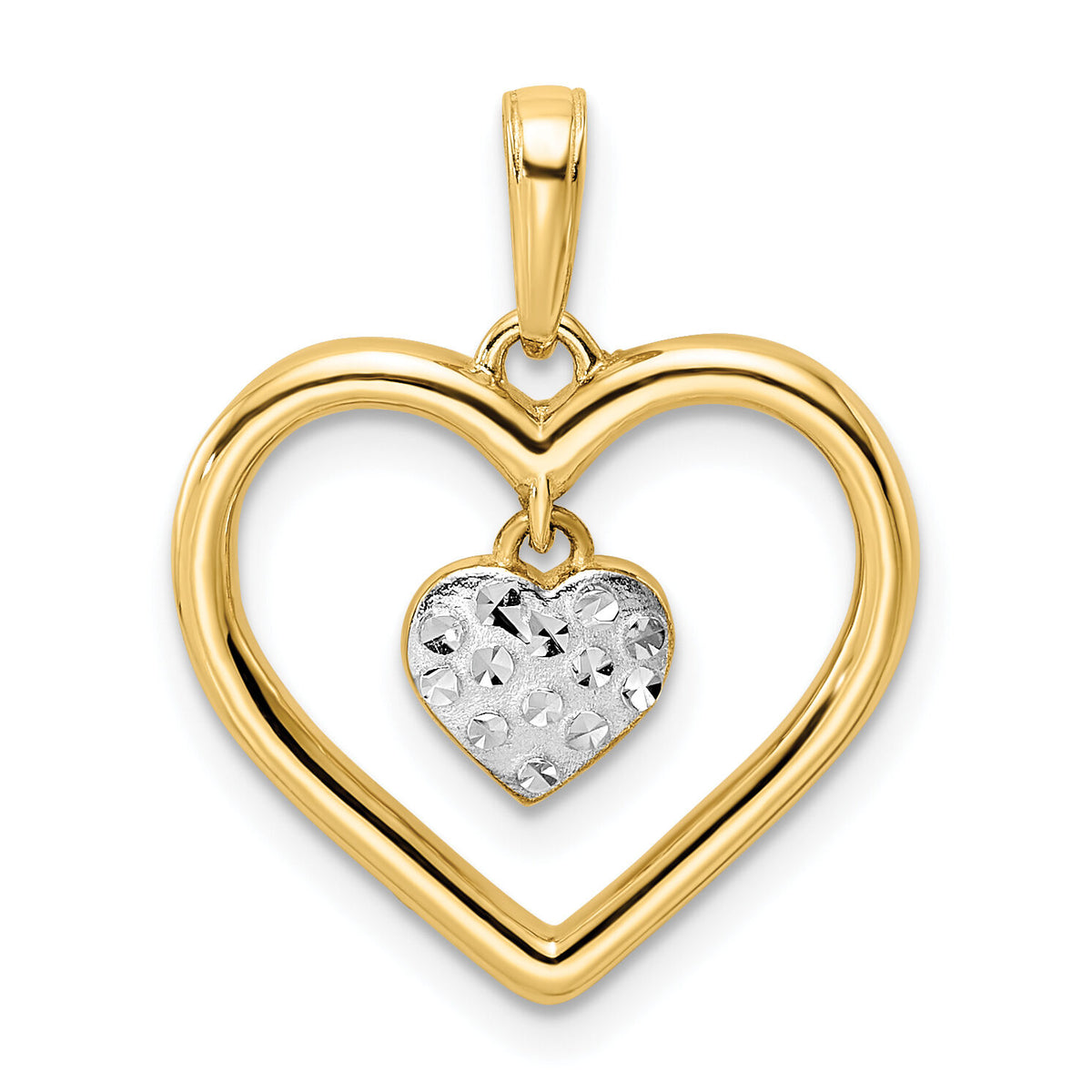14k and White Rhodium Diamond-cut Heart w/Dangle Heart Pendant-M2937