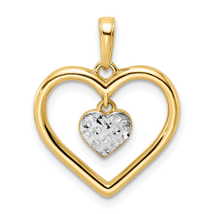 14k and White Rhodium Diamond-cut Heart w/Dangle Heart Pendant-M2937