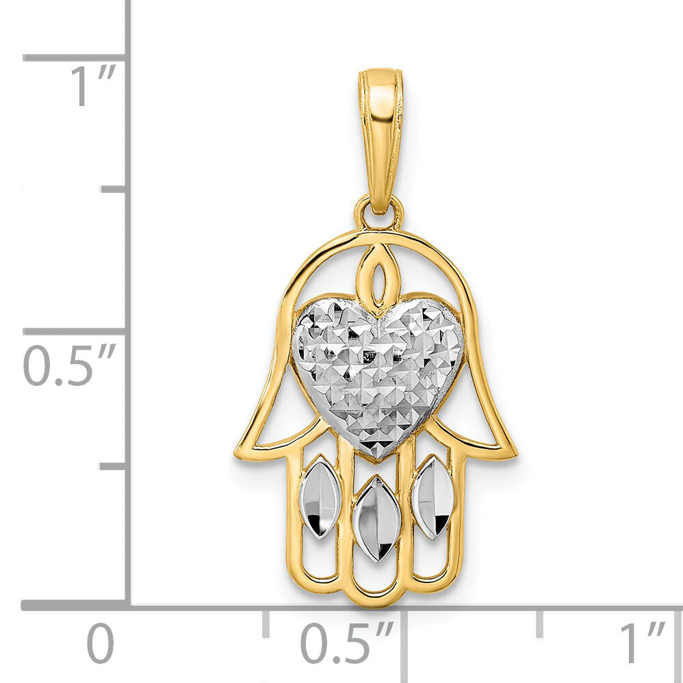 14k & White Rhodium D/C Heart Hamsa Pendant-M2940