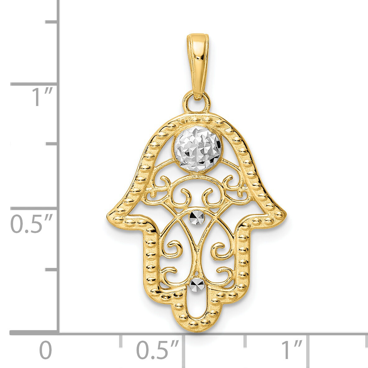 14k & White Rhodium D/C Evil Eye Filigree Hamsa Pendant-M2944