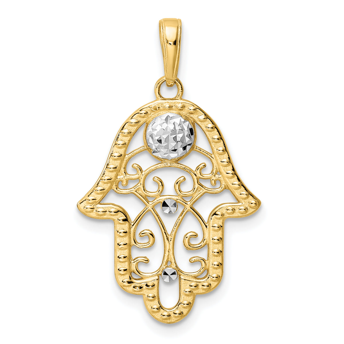 14k & White Rhodium D/C Evil Eye Filigree Hamsa Pendant-M2944