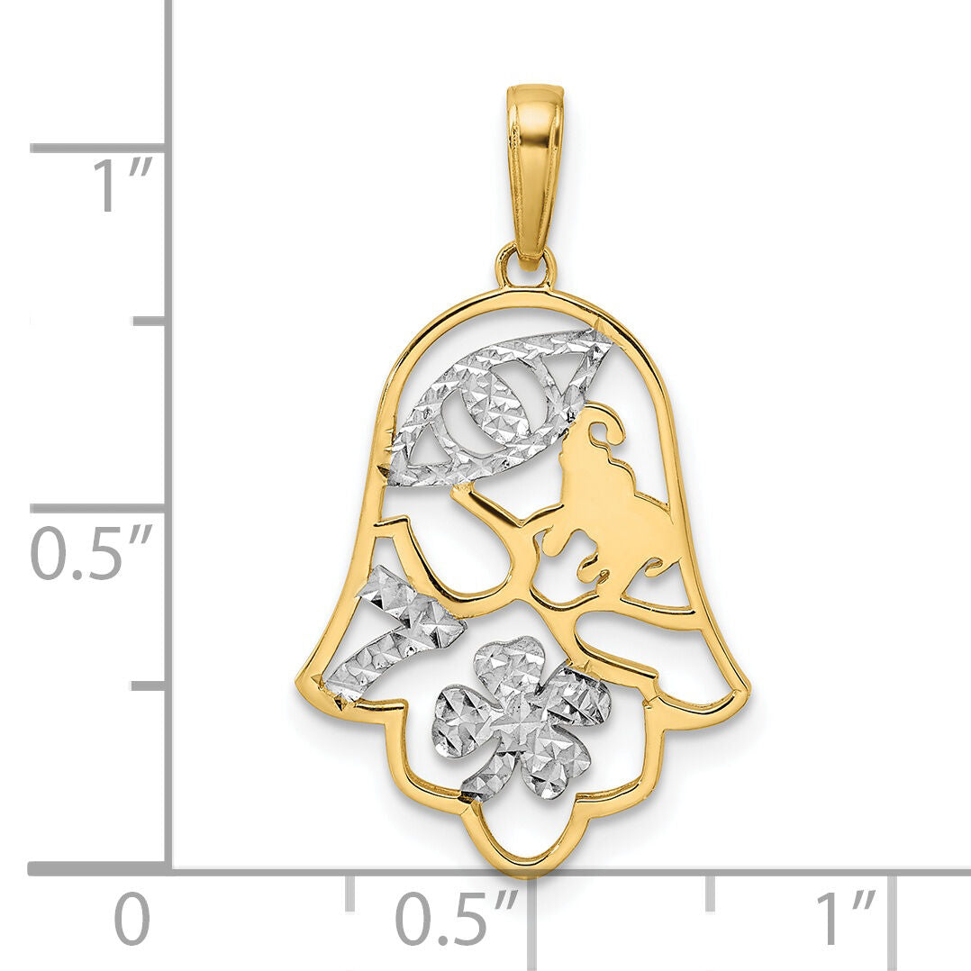 14k & White Rhodium D/C Good Luck Symbols on Hamsa Pendant-M2945