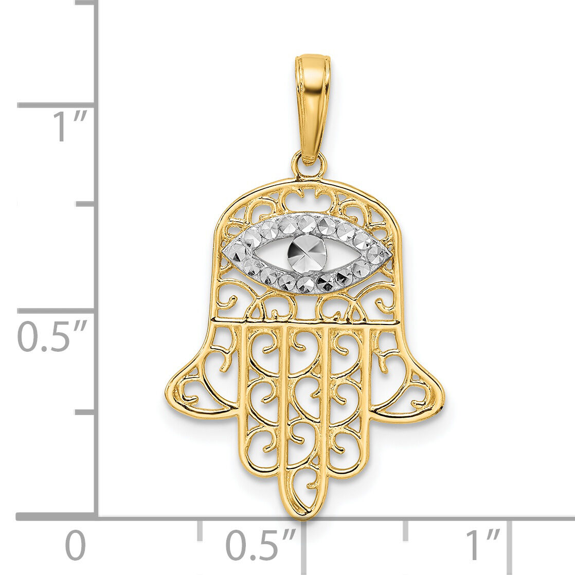 14k & White Rhodium D/C Filigree Evil Eye Hamsa Pendant-M2947