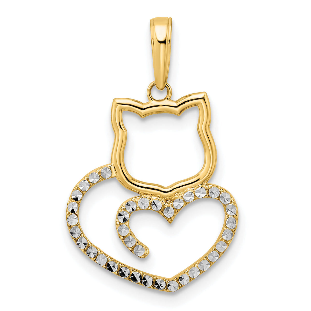14k and White Rhodium Diamond-cut Cat Heart Pendant-M2949