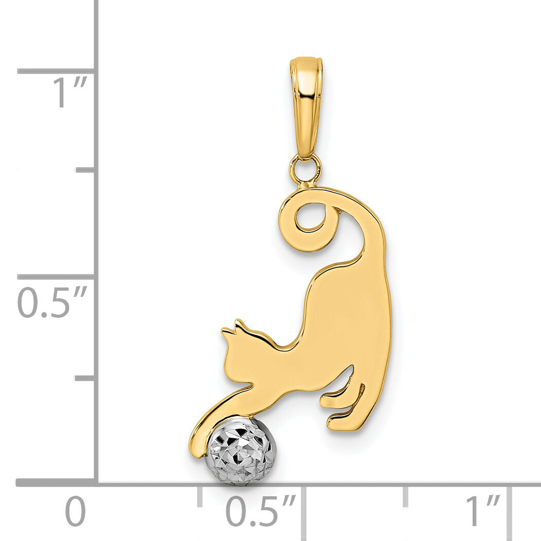 14k and White Rhodium Diamond-cut Cat and Ball Pendant-M2950