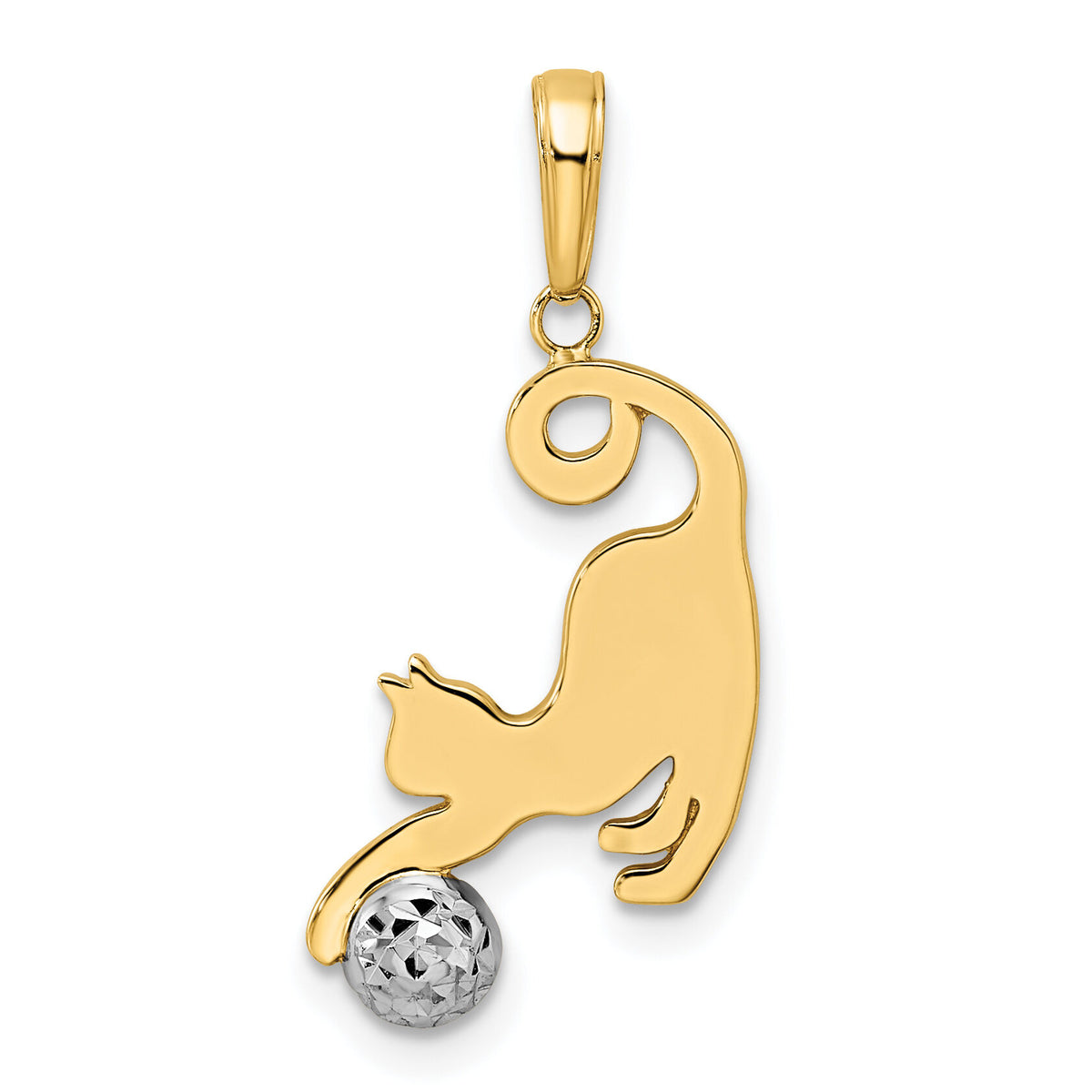 14k and White Rhodium Diamond-cut Cat and Ball Pendant-M2950