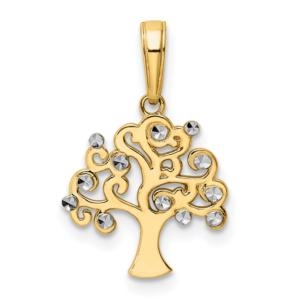 14k and White Rhodium Diamond-cut Tree of Life Pendant-M2951