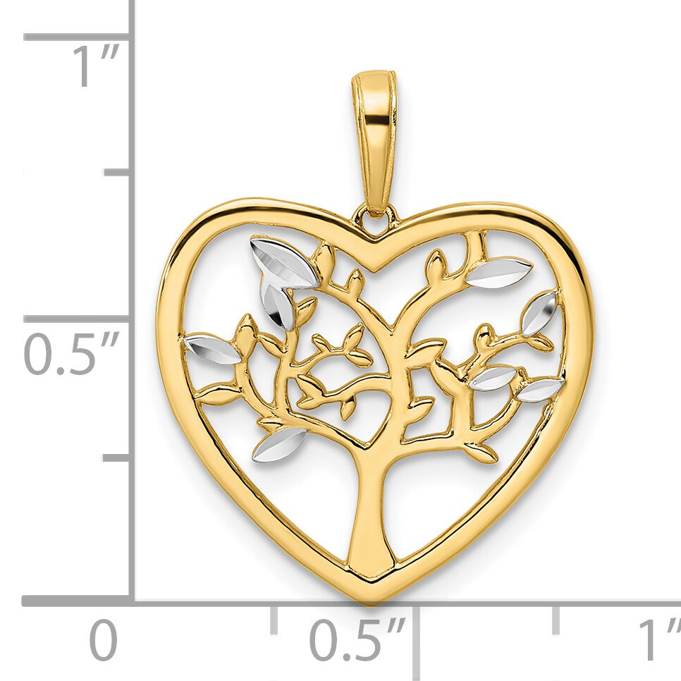 14k and White Rhodium Diamond-cut Tree of Life Heart Pendant-M2954