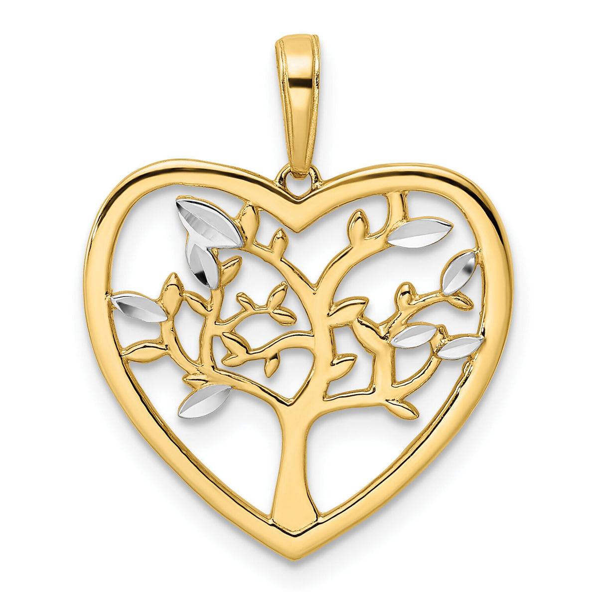 14k and White Rhodium Diamond-cut Tree of Life Heart Pendant-M2954
