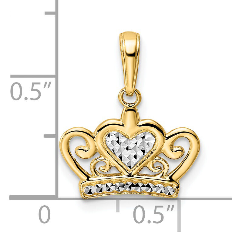 14k and White Rhodium Diamond-cut Heart Crown Pendant-M2959