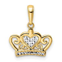 14k and White Rhodium Diamond-cut Heart Crown Pendant-M2959