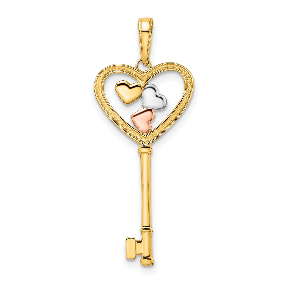 14k w/White and Rose Rhodium Diamond-cut Hearts Key Pendant-M2965