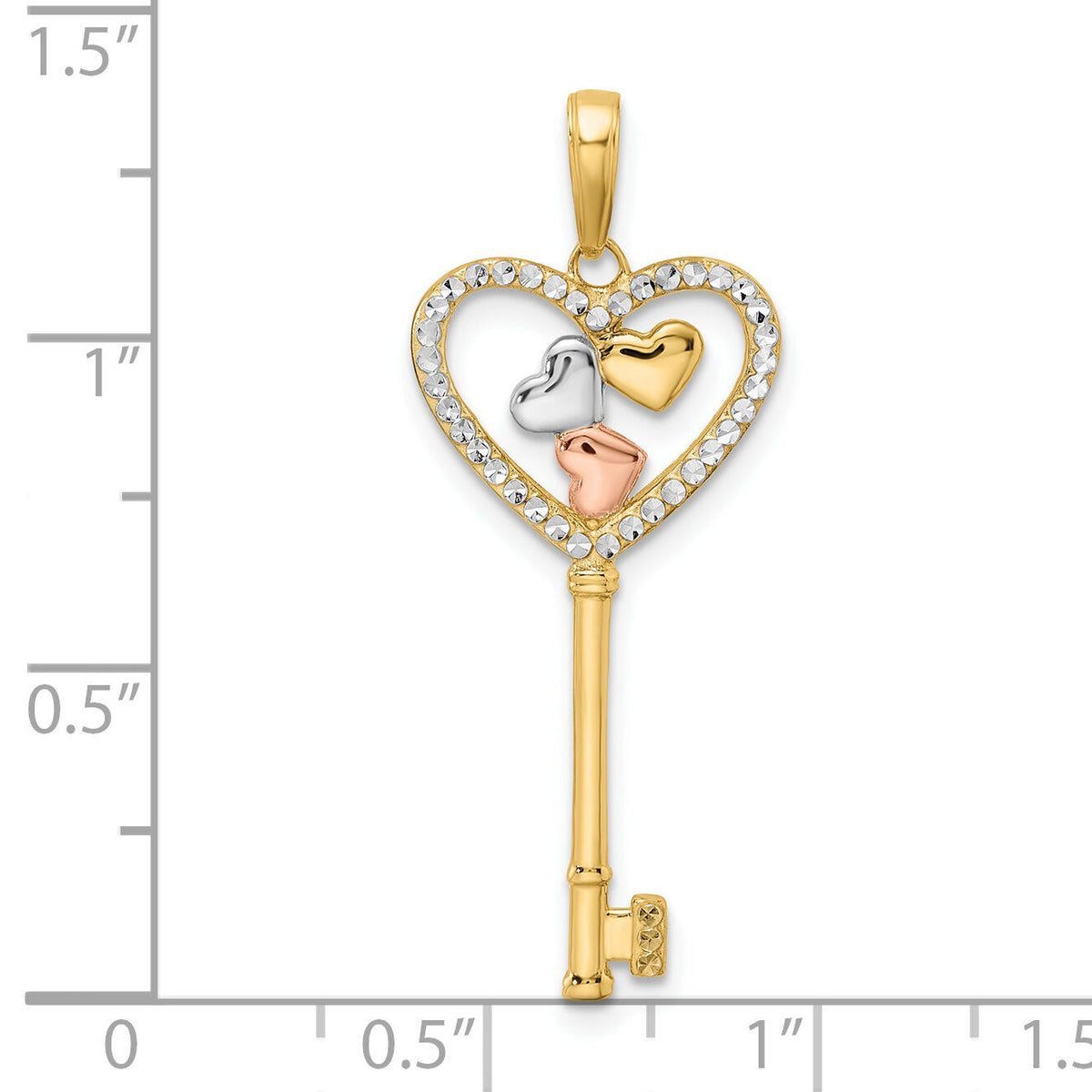 14k w/White and Rose Rhodium Diamond-cut Hearts Key Pendant-M2965