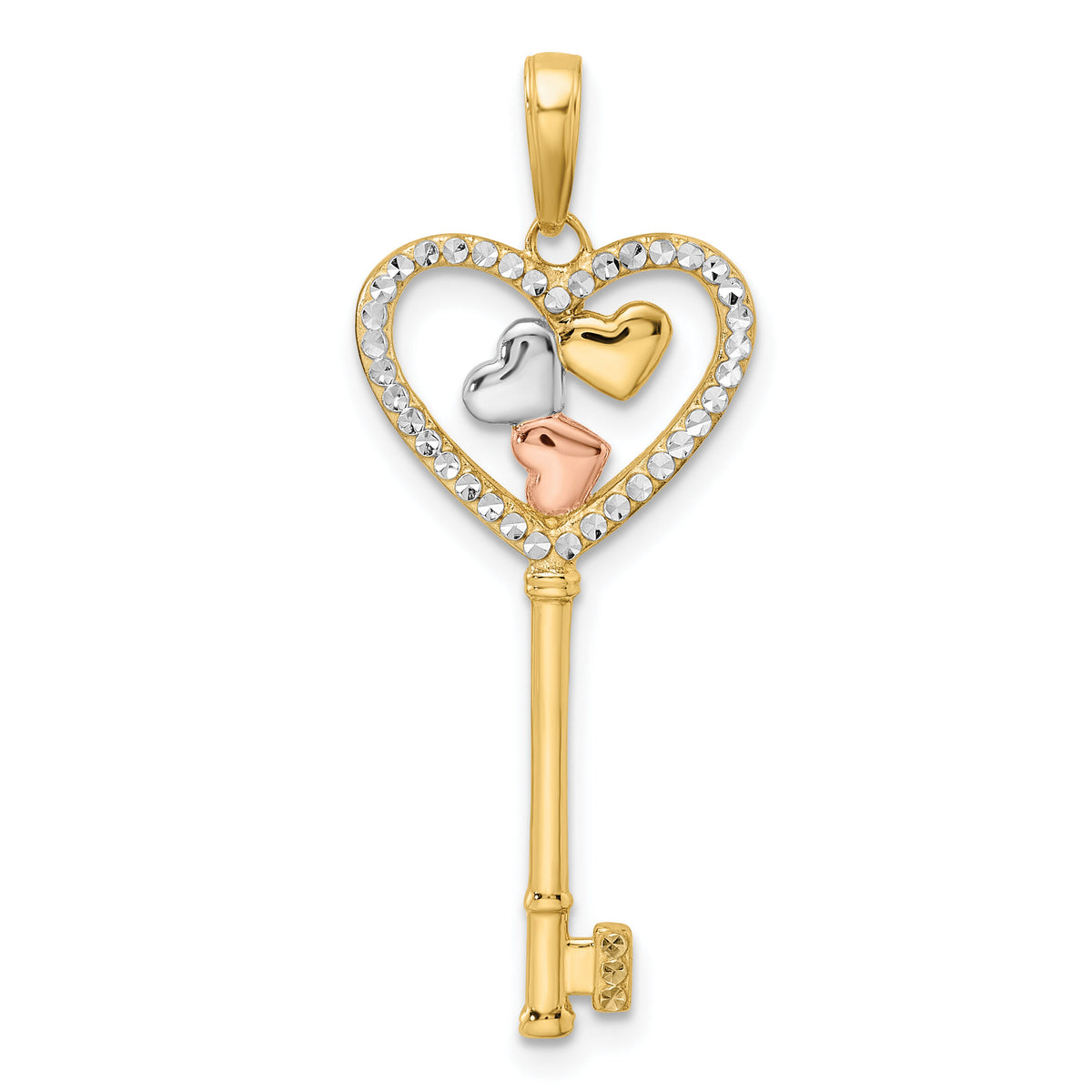 14k w/White and Rose Rhodium Diamond-cut Hearts Key Pendant-M2965