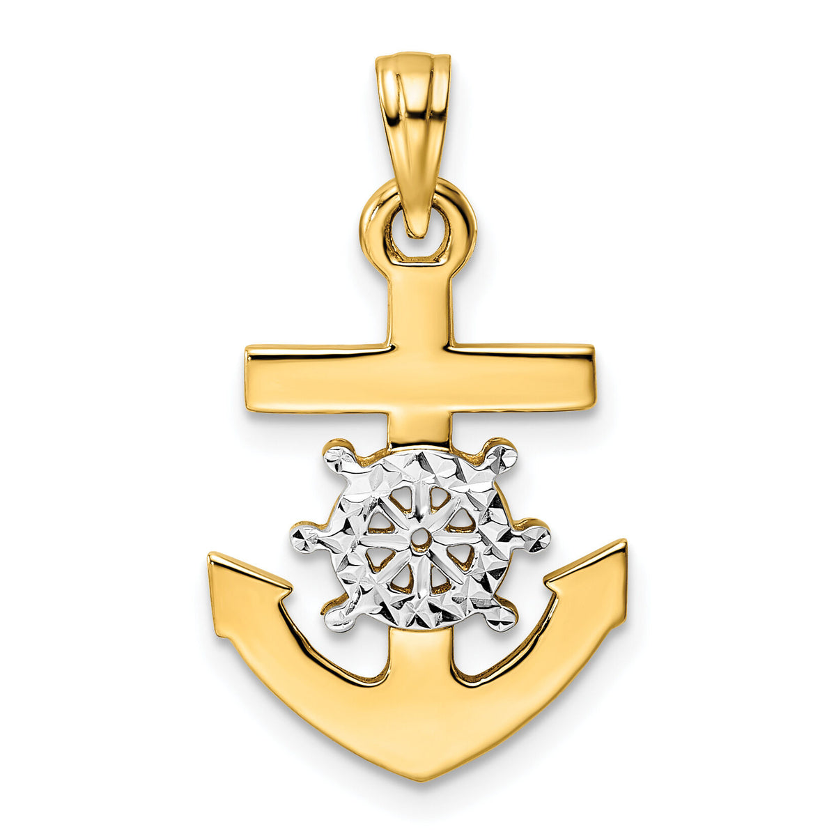 14k/White Rhodium D/C Anchor and Ship's Wheel Pendant-M2974