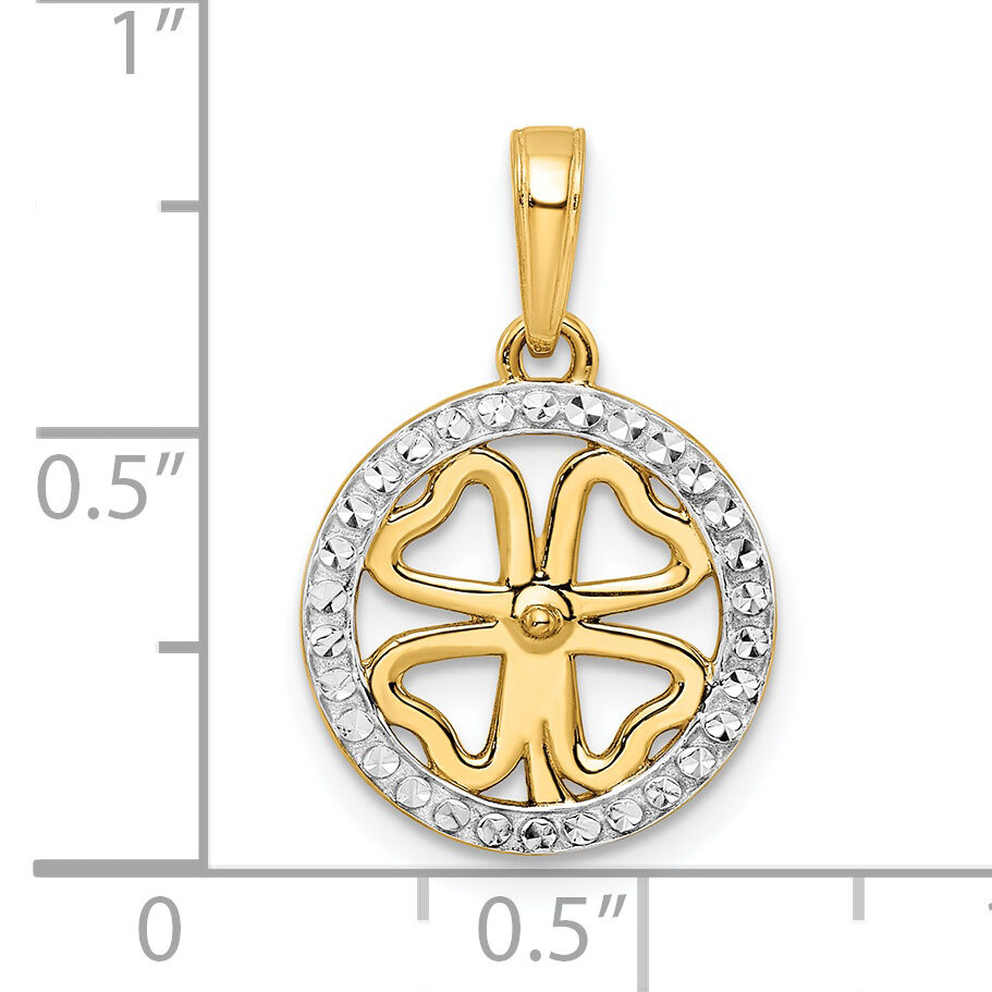 14K w/White Rhodium Diamond-cut Four-leaf Clover Pendant-M2990