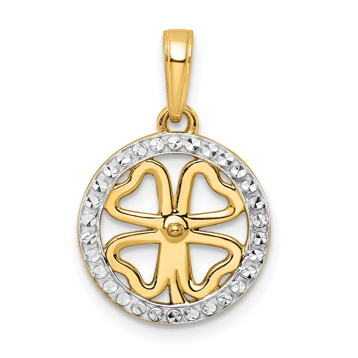 14K w/White Rhodium Diamond-cut Four-leaf Clover Pendant-M2990