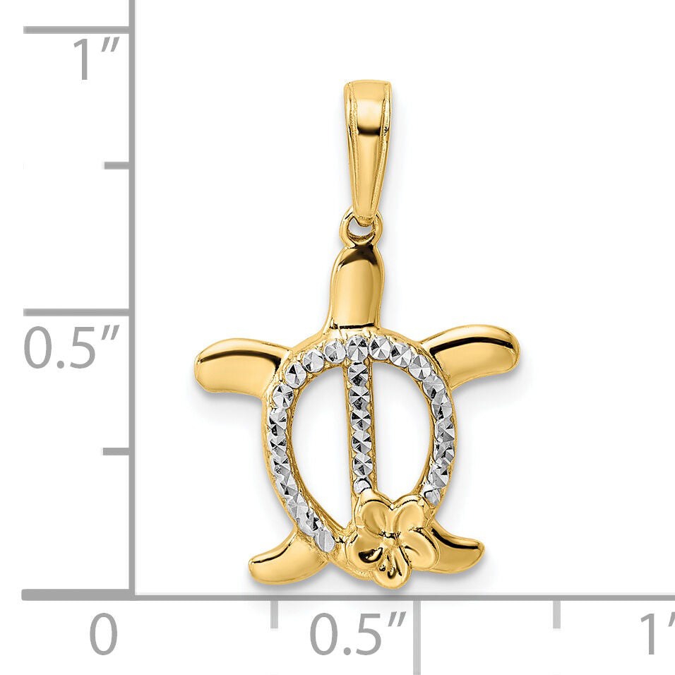 14k and White Rhodium Diamond-cut Turtle w/ Flower Pendant-M2993
