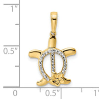 14k and White Rhodium Diamond-cut Turtle w/ Flower Pendant-M2993