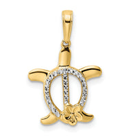 14k and White Rhodium Diamond-cut Turtle w/ Flower Pendant-M2993