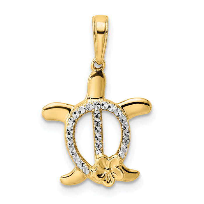 14k and White Rhodium Diamond-cut Turtle w/ Flower Pendant-M2993