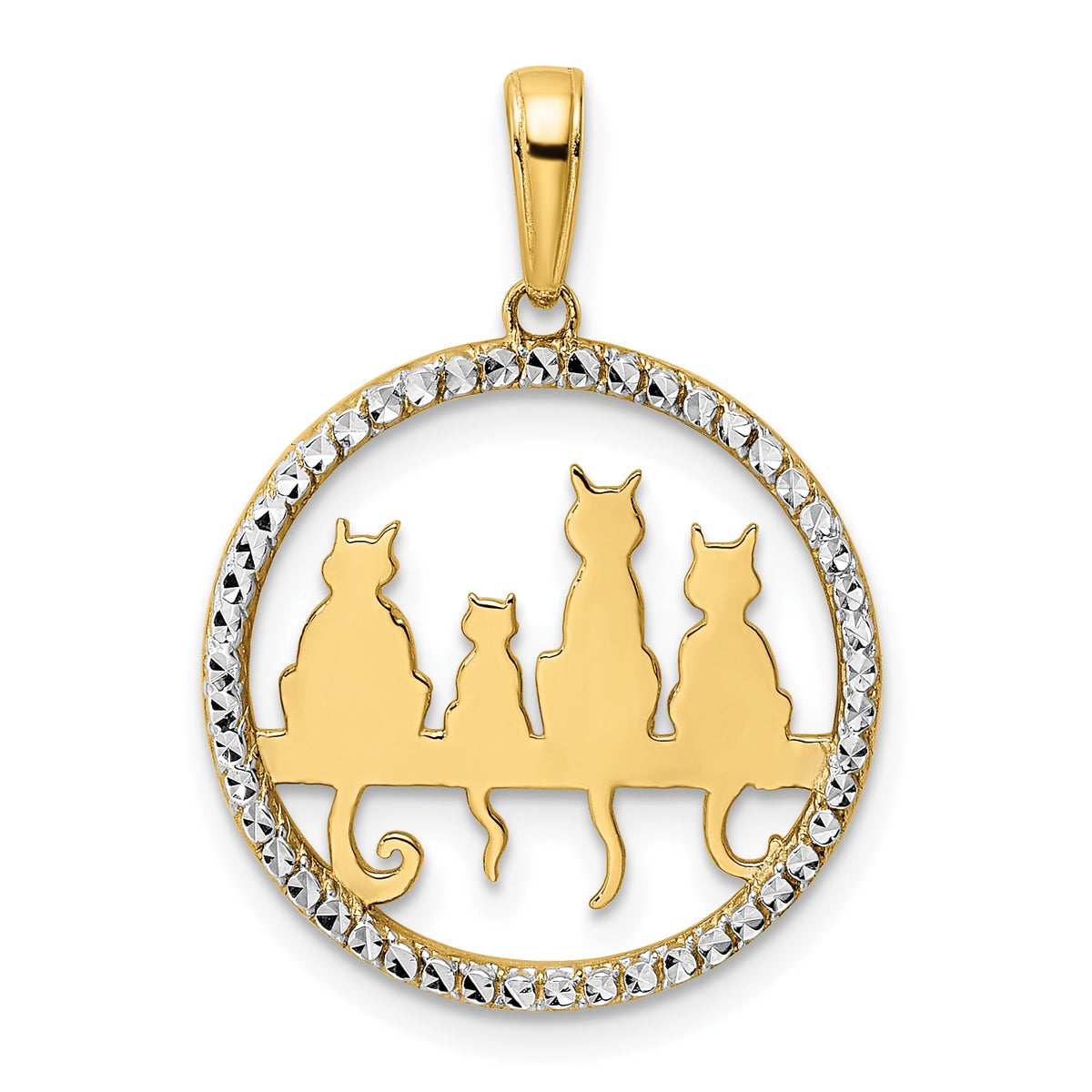 14k and White Rhodium Diamond-cut Cats Sitting on Bench Pendant-M2997