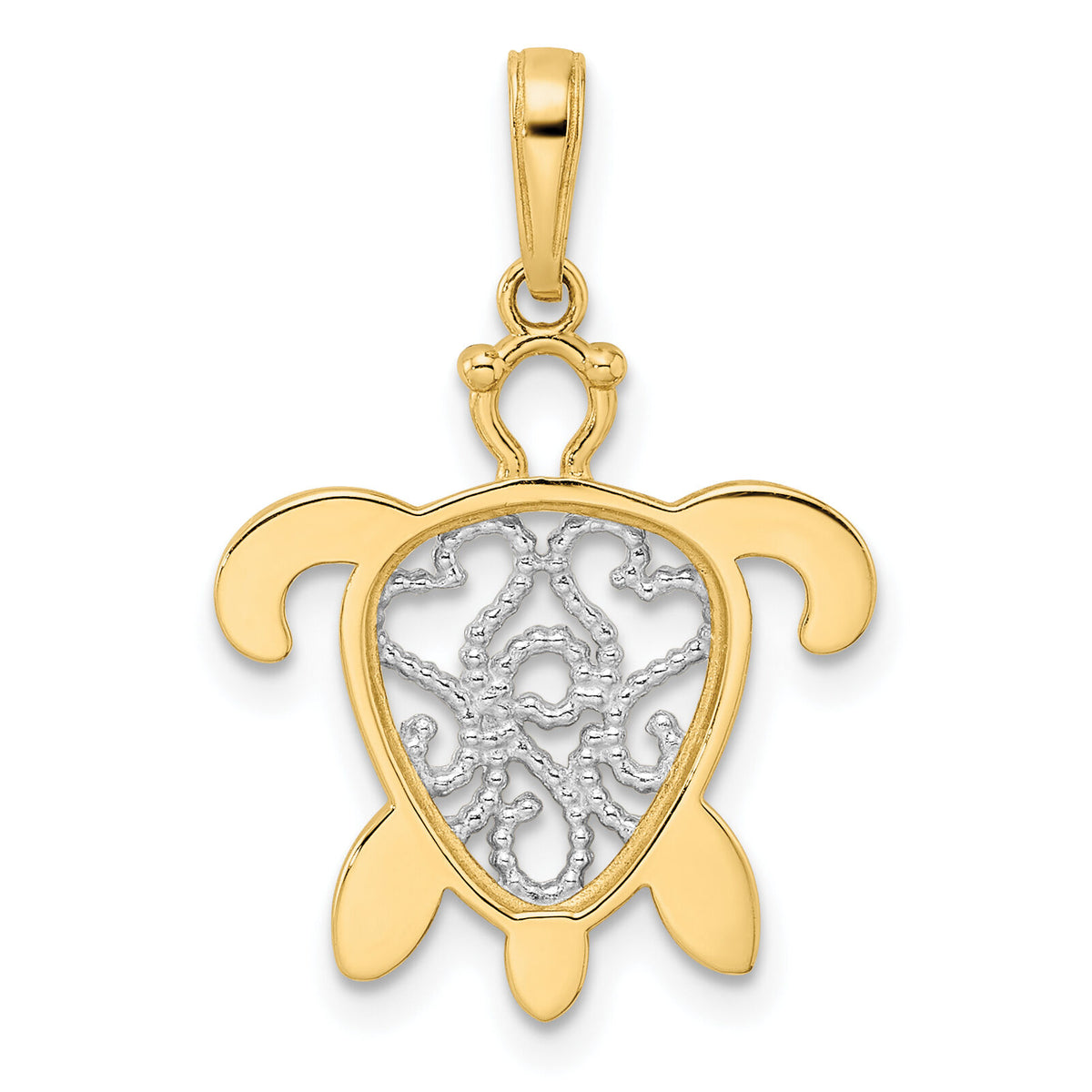 14k and White Rhodium Diamond-cut Filigree Turtle Pendant-M2998