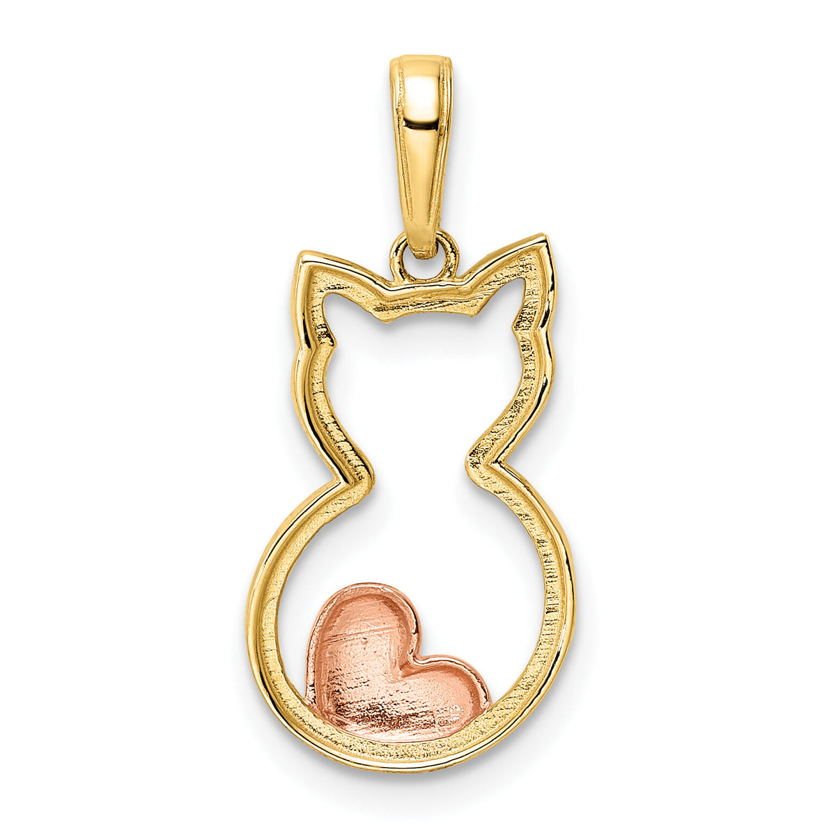 14k w/White and Rose Rhodium Diamond-cut Cat w/ Heart Pendant-M3000
