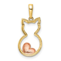 14k w/White and Rose Rhodium Diamond-cut Cat w/ Heart Pendant-M3000