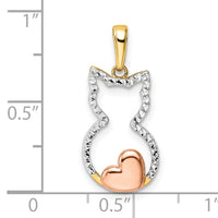 14k w/White and Rose Rhodium Diamond-cut Cat w/ Heart Pendant-M3000
