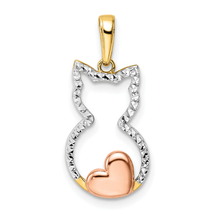 14k w/White and Rose Rhodium Diamond-cut Cat w/ Heart Pendant-M3000