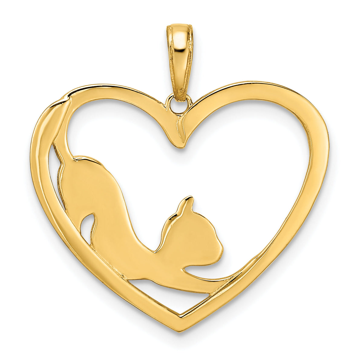 14k and White Rhodium Diamond-cut Cat Stretching in Heart Pendant-M3001