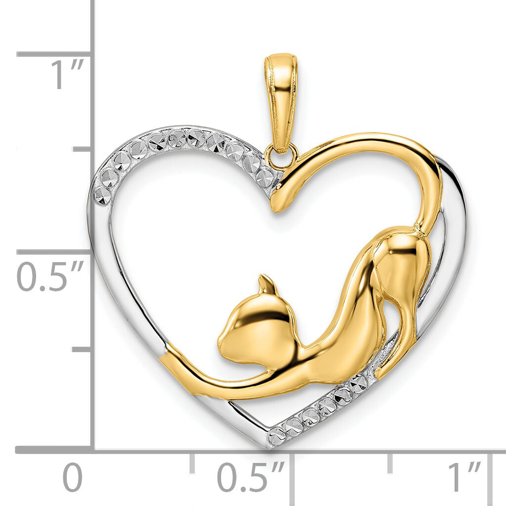 14k and White Rhodium Diamond-cut Cat Stretching in Heart Pendant-M3001