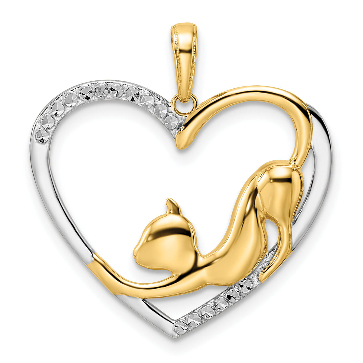 14k and White Rhodium Diamond-cut Cat Stretching in Heart Pendant-M3001