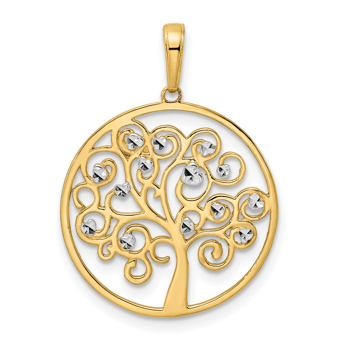 14k and White Rhodium Diamond-cut Tree of Life Pendant-M3008