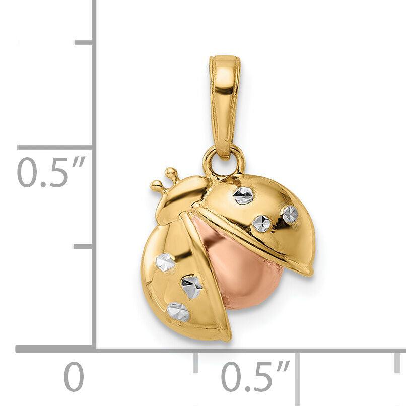 14k w/White and Rose Rhodium Diamond-cut Ladybug Pendant-M3015