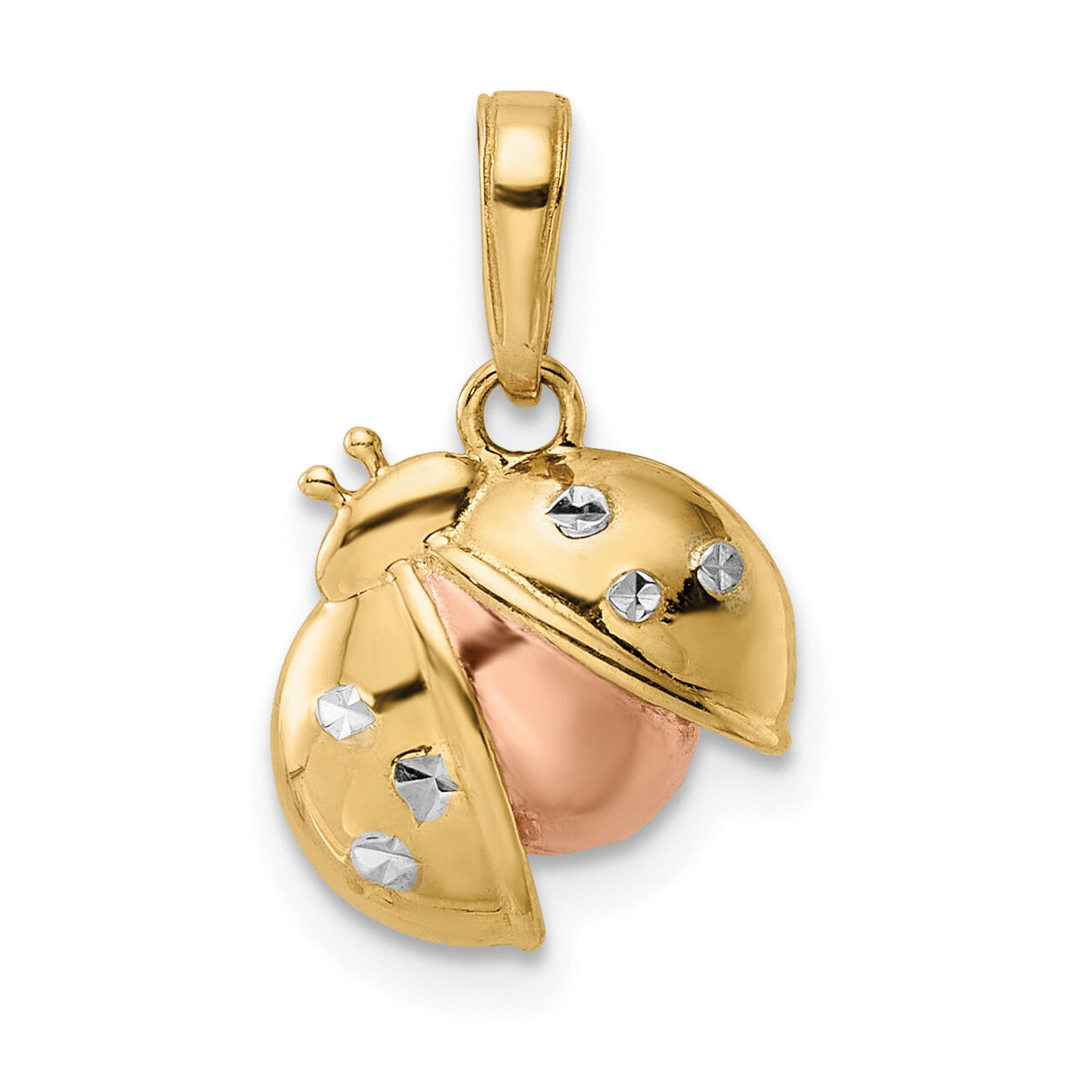 14k w/White and Rose Rhodium Diamond-cut Ladybug Pendant-M3015